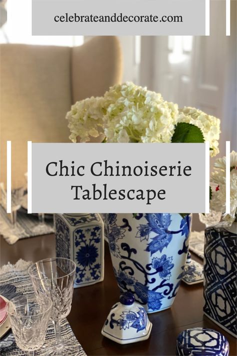 centerpiece with text overlay chic chinoiserie tablescape Blue Willow Tablescapes, Chinoiserie Dining Table, Chinoiserie Centerpiece, Chinoiserie Tablescape, White And Blue Tablescape, Dark Wood Dining Room, Blue And White Tablescapes, Blue Tablescape, Green Tablescape