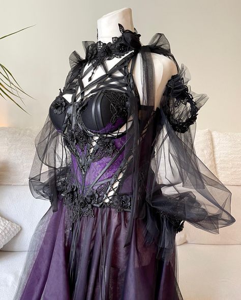 ASKASU on Instagram: “Enchanted Iris Gown with cape 🔮 #askasu #gothgown #gothic #highfashion #alternative #harness #purpledress #lacedress #blackviolet #dark…” Dark Purple Gothic Dress, Purple Goth Wedding Dress, Witch Dresses, Celestial Gown, Goth Gown, Violet Gown, Multi Colored Outfit, Layers Skirt, Medieval Outfit