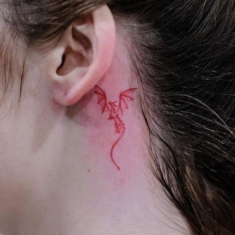 Red Dragon Behind Ear Tattoo, Tiny Dragon Tattoo Behind Ear, Tattoo Dragon Hotd, Ear Tattoo Dragon, Origami Dragon Tattoo, Tiny Dragon Tattoo For Women, Dragon Minimalist Tattoo, House Of Dragon Tattoo, Dragon Ear Tattoo