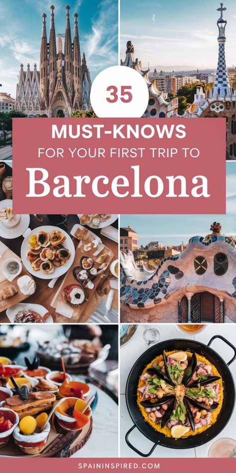 35 must-know tips for your first trip to Barcelona, featuring landmarks and local cuisine like paella. Travel To Barcelona Spain, Spain Tourist Attractions, Where To Go In Barcelona, Barcelona In A Day, Best Things To Do In Barcelona Spain, Places To Go In Barcelona, Barcelona And Madrid Itinerary, Must Do In Barcelona Spain, Traveling In Spain