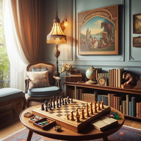 Classic Board Game Corner Chess Corner In Living Room, Vintage Games Room, Board Game Corner In Living Room, Library Game Room Ideas, Formal Game Room, Living Room Game Table, Small Board Game Room, Game Corner In Living Room, Game Area In Living Room