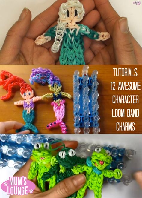 Tutorials: 12 Awesome Character Loom Band Charms   #mumslounge #loombands #loombands #frozen #elsa #anna   Check out all 12 characters here:http://www.mumslounge.com.au/entertainment/kids-activities/2570-tutorials-12-awesome-character-loom-band-charms.html Rainbow Loom Charms Step By Step, Loom Band Creations, Rainbow Loom Charms Tutorial, Rubber Band Loom Patterns, Loom Band Bracelets Tutorial, Loombands Bracelet, Bandaloom Ideas, Loom Bands Ideas, Loom Band Ideas