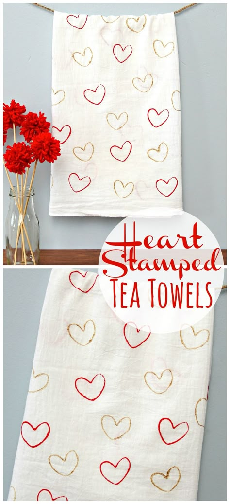 Heart Stamped Tea Towels Stamped Tea Towels, Tea Towels Crafts, Find Your Fire, Mops Crafts, Tea Towels Diy, Potato Print, Valentine Tea, Diy Towels, Quick And Easy Crafts