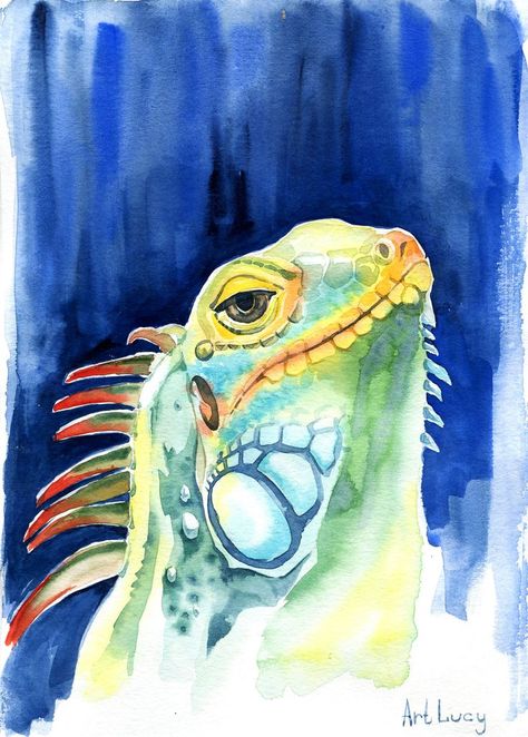 Iguana Watercolor, Watercolor Reptile, Iguana Painting, Watercolor Lizard, Reptile Painting, Florida Scenery, Lizard Painting, Abc Illustration, Postcard Idea