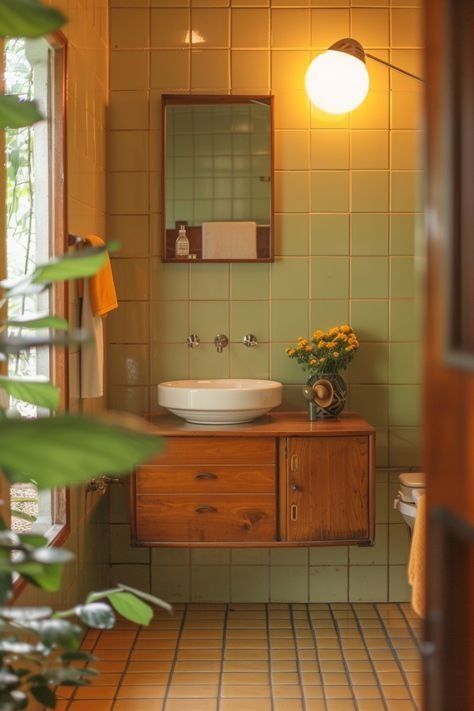 Mcm Bathroom Ideas, Bathroom Mid Century Modern, Micro Bathroom, 1970s Bathroom, Mcm Bathroom, 70s Bathroom, Mid Century Bathroom Ideas, Painted Bathroom, Mid Century Modern Bathroom