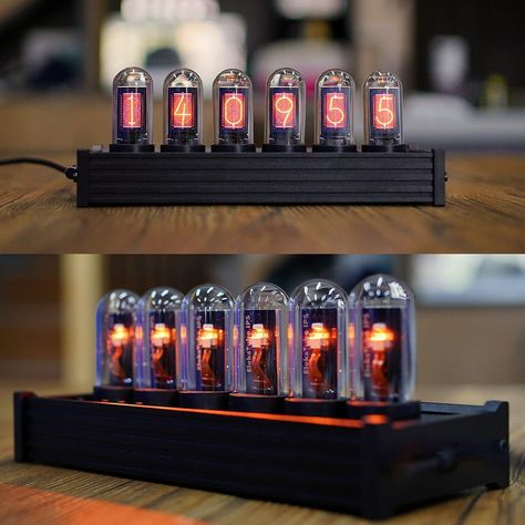 PRICES MAY VARY. 【Nixie Tube Clock Simulation】 The Vintage IPS Digital Clock simulates the nixie tube clock display and glow. Perfect blend between innovative technology and vintage elements. 【Fantastic Display Effect】It comes with 6 LCD screens covered by a delicate glass tube.You can choose from more than 20 display options,and DIY creations(photos,characters,patterns) to customize your display as your wishes. 【Vintage Edison Bulb Clock】Delicate anodized aluminum alloy base and circuit board d Clock Design Ideas Creative, Photo Display Diy, Pod Cast, Nixie Tube Clock, Diy Photo Display, Desk Gifts, Nixie Tube, Retro Desk, Clock Display