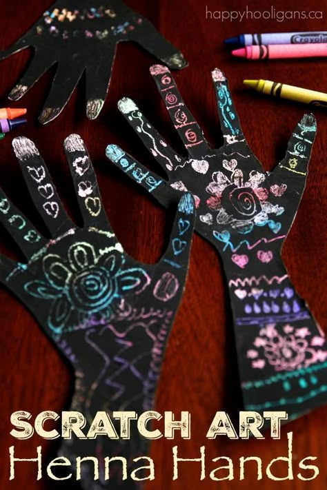 Scratch Art Henna Handprint Craft for Kids - Happy Hooligans Hand Art Henna, Multicultural Crafts, Art Activity For Kids, Diwali Activities, Henna Paint, Multicultural Art, India For Kids, Happy Hooligans, India Crafts