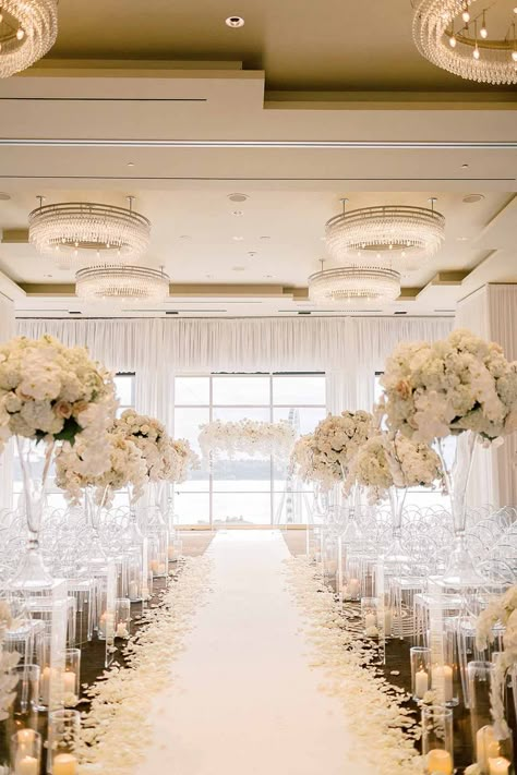 All White Wedding Ceremony Indoor, Glam Bridal Bouquet, Wedding Decor Ceremony Indoor, Aisle Design Wedding, White Wedding Ceremony Indoor, Ballroom Wedding Aesthetic, All White Ceremony Decor, Indoor Wedding Ceremony Decorations Aisle, White Floral Wedding Ceremony