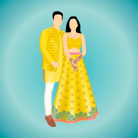 Haldi Illustration Couple, Haldi Caricature Couple, Haldi Couple Illustration, Haldi Illustration, Sangeet Caricature, Haldi Caricature, Haldi Couple, Free Photoshop Overlays, Indian Graphic Design