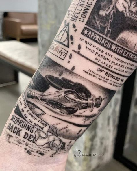 Daily Prophet Tattoo, Harry Potter Newspaper Tattoo, Newspaper Tattoo, Harry Potter Tattoo Unique, Harry Potter Newspaper, Harry Potter Tattoo Sleeve, Harry Potter Sleeve, Harry Potter Tattoo Ideas, Hogwarts Tattoo