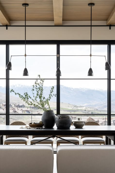 Mountainside Retreat: The Dining Room Mountain Home Lighting, Mountain Modern Dining Room, Studio Mcgee Dining, Mountainside Retreat, Dining Room Interior Design, Upholstered Dining Bench, Interior Design Dining, Dining Room Interior, Stained Table