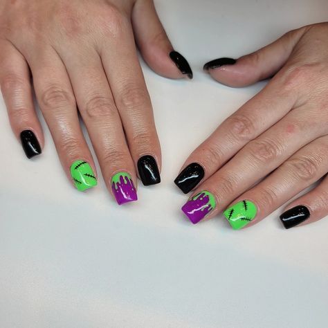 Halloween Nails Green Purple Orange Black, Green Purple And Black Nails, Black Green And Purple Halloween Nails, Black Purple And Green Nails, Purple Green And Black Nails, Orange Black Purple Green Halloween Nails, Black Purple Green Nails, Halloween Nails Green And Black, Purple Green Black Nails