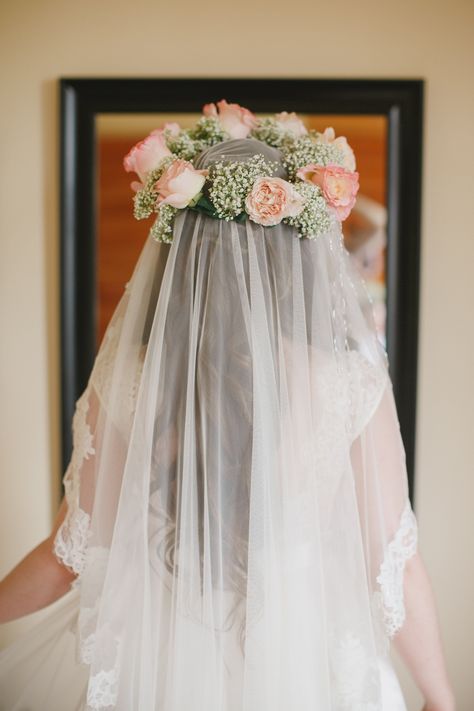 Large flower crown on top of veil. Bride wearing floral crown over lace-trimmed veil.  #bridalstyle #bridalbeauty #floralcrown #weddingveil Flower Crown With Veil, Flower Crown Wedding Veil, Crown With Veil, Veil Crown, Flower Crown Veil, Crown Veil, Lace Trimmed Veil, Bridal Hair Down, Makeup Hairstyles