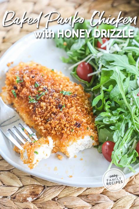 Husband's FAVORITE dinner! This easy chicken breast dinner is on repeat. This Panko Crusted Chicken with Honey Drizzle is baked to crispy perfection, just a hint smokey, a hint sweet and unbelievably easy to make with only a few ingredients! You if you need an easy chicken recipe for dinner, this is it! Chicken Panko Recipes, Baked Panko Chicken Breast, Easy Chicken Breast Dinner, Baked Panko Chicken, Panko Recipes, Easy Baked Chicken Breast Recipes, Chicken Recipe For Dinner, Chicken Breast Dinner, Chicken With Honey