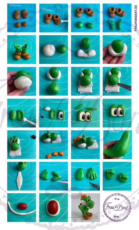 Super Mario Cake Easy, Fondant Mario Characters, Fondant Yoshi Tutorial, Mario Fondant Cake, Fondant Super Mario, Mario Polymer Clay, Mario Clay, Super Mario Clay Sculptures, Dinosaur Figures