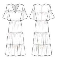 MAXI DRESS fashion flat technical drawing template Flat Sketches Of Dresses, Flat Sketch Of Dress, Maxi Dress Flat Sketch, Maxi Dress Technical Drawing, Dresses Flat Sketch, Technical Drawing Fashion Dress, Flat Sketches Dress, Dress Flat Drawing, Flat Drawing Fashion