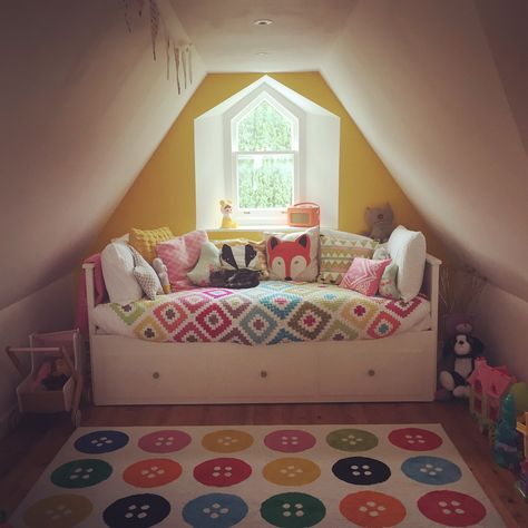 Attic room nursery   Ikea Hemnes daybed Guest Playroom, Daybed Hemnes, Hemnes Nursery, Spare Room Decor, Ikea Hemnes Daybed, Nursery Ikea, Hemnes Daybed, Desk For Girls Room, Ikea Playroom