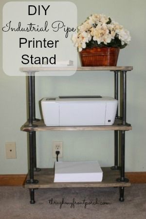 DIY Pipe And Wood Printer Stand - Through My Front Porch Diy Standing Desk Plans, Standing Desk Plans, Pipe Furniture Diy, Diy Standing Desk, Diy Pipe Shelves, Wood Shelving Units, Plumbing Pipe Furniture, Pipe Shelf, Table Ikea