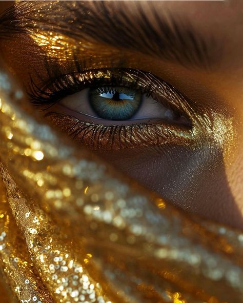 Cleopatra Aesthetic, Eye Shadow Looks, Golden Eye Makeup, Ethereal Blue, Ethereal Aesthetic, Golden Eyes, Gold Girl, Gold Aesthetic, Stunning Eyes