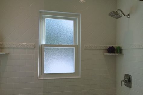 Having a window in the shower area is not an ideal thing. Depending on the view that you have looking out – people standing outside will most likely have a similar view looking in. And hanging up a blind or a shade may not be an option due to moisture issues. Having just gone through … Shower Window Privacy Ideas, Shower Window Privacy, Shower Blinds, Tiling Around Shower Window, Tiled Shower With Window, What To Do With Shower Window, Obscure Window Ideas, Shower Stall With Window, Windows In Shower Solution