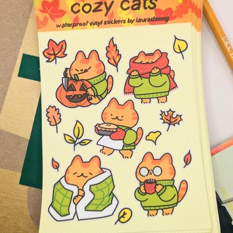 I'm a cozy fall gal. here are some cozy cats enjoying some of my favorite parts of autumn. it's really hot in Seattle today, but I'm firmly in an autumnal state of mind . . . #cozycats #cozy #cats #fall #fallvibes #autumn #autumnvibes #pumpkin #pumpkinspice #leaves #tea #blankets #stickers #stickersheet Autumn Illustration Art, Cozy Drawing, Cozy Core, Sticker Inspo, Future Job, Cat Ideas, Autumn Illustration, Pixel Art Games, Journal Themes