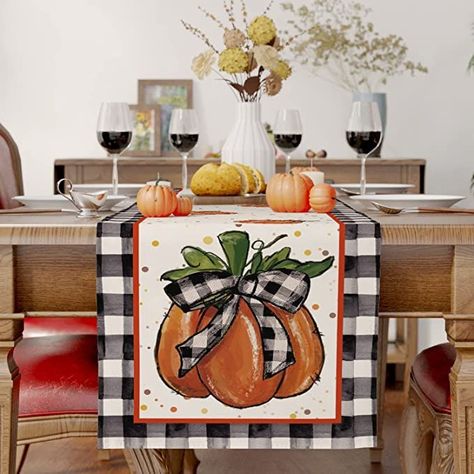 Siilues Fall Table Runner, Pumpkin Buffalo Plaid Fall Decorations Fall Runner for Table Seasonal Fall Thanksgiving Holiday Decor for Indoor Outdoor Dining Table Decorations (13" x 72") Thanksgiving Kitchen Decor, Fall Runner, Custom Farmhouse Table, Fall Linen, Decoration Buffet, Polka Dot Decor, Pumpkin Table Runner, Fall Table Runner, Holiday Decor Thanksgiving