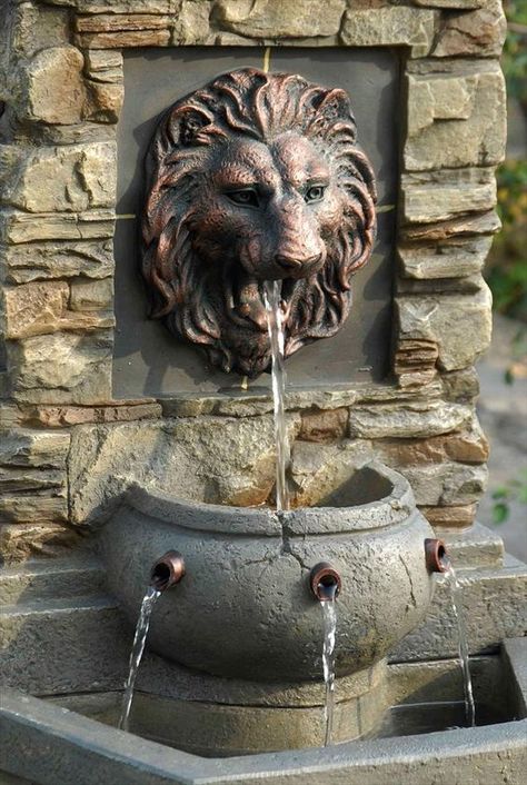 Love lion head fountains!  This one's face is so pretty.  BuildDirect – Water Features - Faux Stone Fountains – Lion Head Outdoor/Indoor Water Fountain - Outdoor View: Backyard Water Fountains, Fountain Ideas, Taman Air, Indoor Water Features, Tabletop Water Fountain, Garden Water Fountains, Indoor Water Fountains, Indoor Waterfall, Garden Waterfall