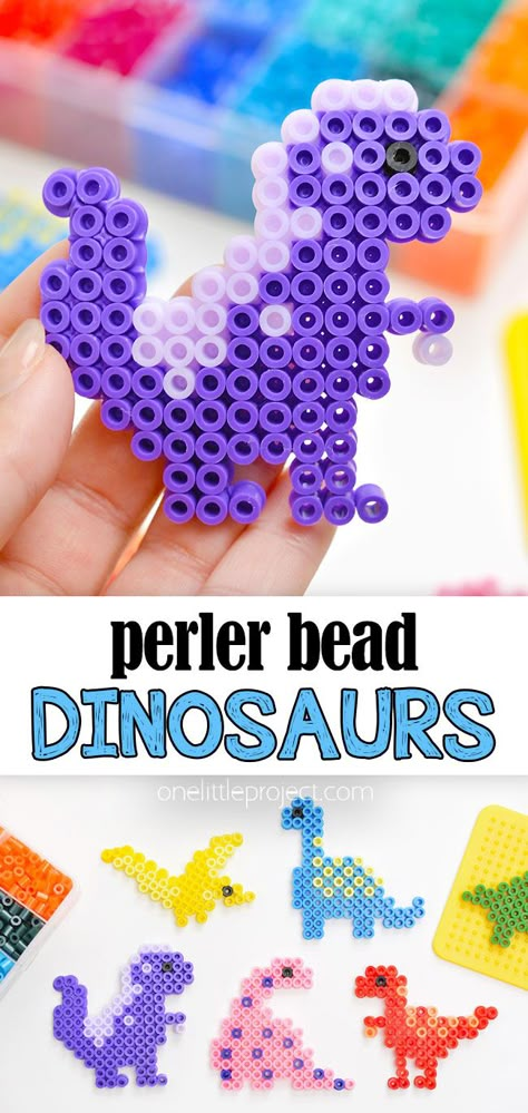 Dinosaur Perler Beads | Free Perler Bead Dino Patterns Festival Gifts Diy, Dino Perler Bead Pattern, Perler Flower Patterns, Dino Perler Beads, Perler Bead Dinosaur, Dinosaur Perler Bead Pattern, Dinosaur Perler Beads, Perler Templates, Flowers Paper Craft