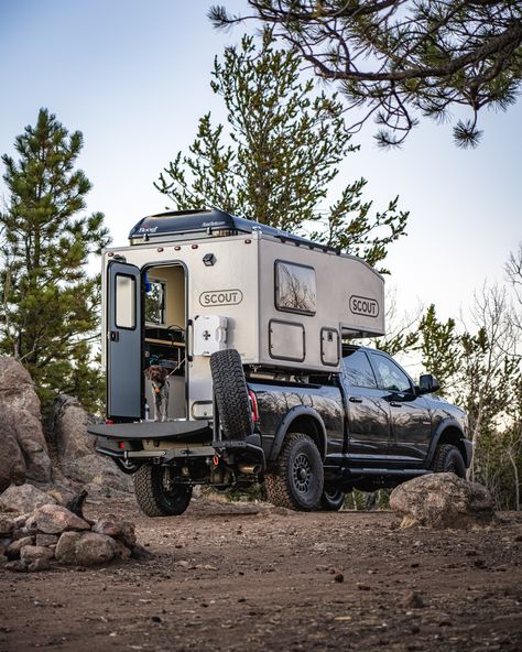 Scout Olympic Camper, Truck Camper Storage, F150 Camper, Truck Camper Interior, Lightweight Truck Campers, Ranch Truck, Short Bed Truck Camper, Scout Truck, Slide In Truck Campers