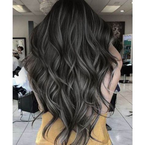 Ash Grey Balayage Brunettes, Cool Ways To Dye Your Hair, Ashy Balayage On Black Hair, Balayage Hair On Black Hair, No Bleach Balayage, Dark Hair With Silver Highlights, Black Hair With Babylights, Hair For Green Eyes, Ash Black Hair