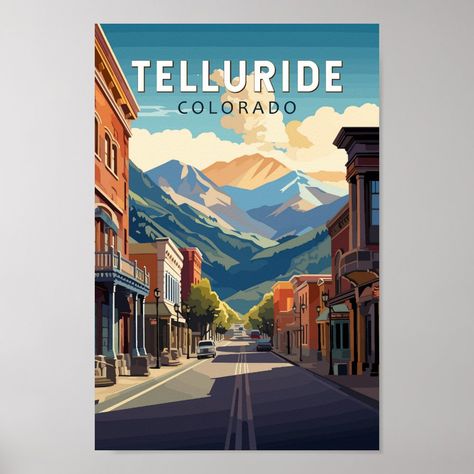 Showcase your love for Telluride, Colorado, with this travel art poster. Its vintage design captures the essence of this iconic mountain town. #Telluride #ColoradoTravel #VintagePoster #MountainArt Retro Landscape, Vintage Posters Retro, Photography Posters, Mining Town, Telluride Colorado, Retro Vector, Classic Movie Posters, Colorado Travel, Vintage Travel Poster