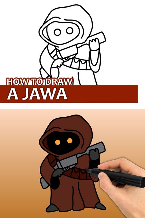 Learn how to draw a Jawa from Star Wars with this step by step drawing tutorial video. Enjoy! Easy Starwars Drawing, Star Wars Cartoon Drawings, Star Wars Art Drawings Easy, Star Wars Drawings Easy, Snow White Drawing, Draw Star, Star Wars Art Drawings, Star Wars Cartoon, Felted Projects