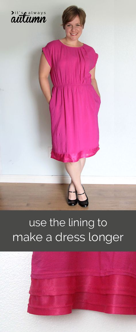 cool trick for making a dress longer using the lining - I wouldn't have to pass up so many dresses that are just a little too short if I could do this! Adding Length To Dress, Lining Sewing, Make Dress, Make A Dress, Below The Knee Dresses, Dresses By Pattern, Diy Clothes Videos, Altering Clothes, Long Midi Dress