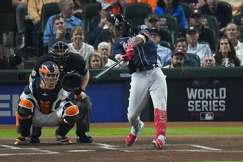 October 27 2021 - Jorge Soler hits a home run as the Atlanta Braves come out swinging early to beat the Houston Astros 6-2 in the opening game of the MLB World Series Mlb World Series, October 27, Home Run, Houston Astros, World Series, Public Relations, Atlanta Braves, Each Day, Coming Out