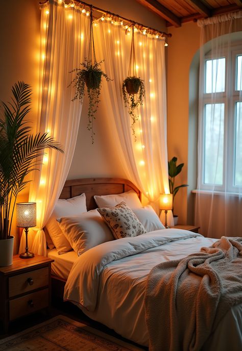 Boho Bedroom with Curtain Lights Boho Bedroom With Lights, Curtain Lights Bed, Curtains Headboard Ideas, Bed Canopy With Vines And Lights, Curtain Lights Aesthetic, Headboard Fairy Lights, Bedroom Wall Curtain Ideas, Canopy Bed With Curtains And Lights, Cafe Lights Bedroom