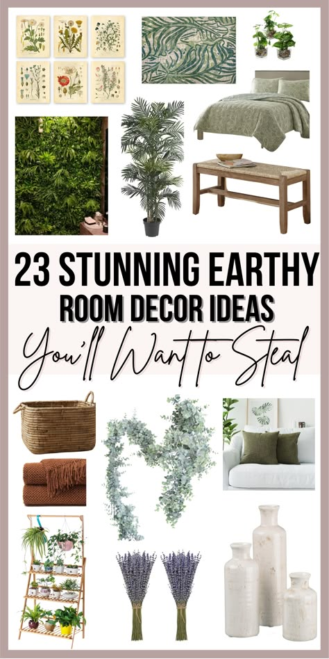 Looking to freshen up your space? Try these simple 23 earthy room decor ideas for the perfect earthy room aesthetic! Nature Inspired Living Room Cozy, Earth Tone Decorating, Earthy Plant Room Aesthetic, Green Earthy Room Aesthetic, Greenery Bedroom Aesthetic, Room Nature Decor, Decore Rooms Aesthetic, Nature Bedroom Design, Natural Aesthetic Decor