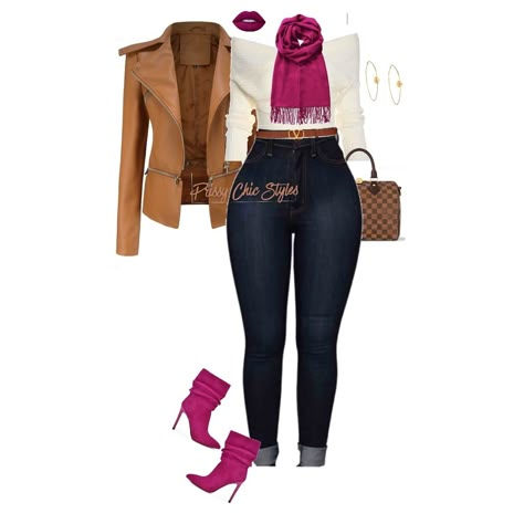 Comment SHOP below to receive a DM with the link to shop this post on my LTK ⬇ https://liketk.it/4RoUn • Fierce Fall Vibes • Step into the season in style, friend girls! 🍁 This look is all about combining that classic chic with a pop of color that demands attention. From the rich camel moto jacket to the bold fuchsia accents in the scarf and boots, you’re sure to turn heads! 💖 Paired with high-waisted denim to flatter your curves and a touch of gold for that extra bougie flair 💁🏾 • #PrissyChi... Women Scarf Outfits, Black Women Fall Outfits 2024, Jeans And Brown Boots Outfit, Pants With Boots Outfit, Brown Shirt Outfits Women, High Waisted Jeans Outfit Fall, Brown And Burgundy Outfit, Women Fall Outfits 2024, Bad And Boujee Outfits