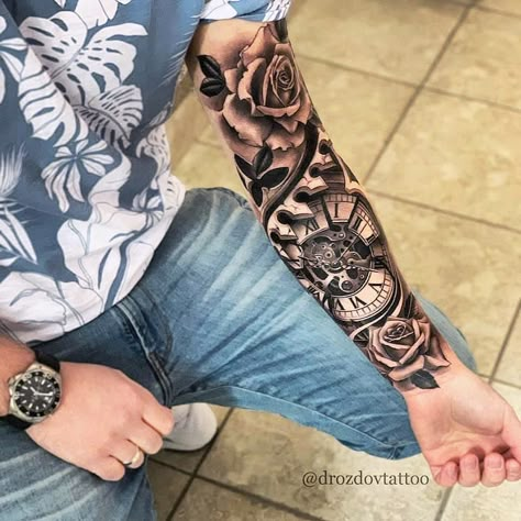 Amazing artist Vladimir Drozdov @drozdovtattoo awesome clock bio mechanical roses tattoo sleeve! Clock Tattoo Sleeve, Rose Tattoo Sleeve, Rose Tattoos For Men, Forarm Tattoos, Cool Arm Tattoos, Forearm Sleeve Tattoos, Inspiration Tattoos, Watch Tattoos, Clock Tattoo