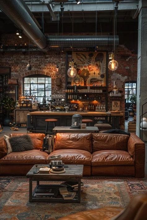 19 Unique Earthy Living Room Ideas for a Cozy Home Makeover 24 Living Room Designs Small Spaces Vintage, Earth Tone Apartment Living Room, Rustic Living Rooms Ideas, Comfy Leather Couch, Industrial Cozy Living Room, Moody Industrial Decor, Cozy Cabin Living Room Ideas, Brick Wall In Living Room, Living Room Designs Rustic