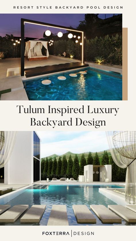 Wondering how to make your backyard look like a resort in Tulum? Read this post to learn how to recreate a Tulum style resort in your backyard! tulum exterior design, resort style backyard, resort landscape design, luxury backyards, resort backyard ideas, luxury resort style backyard, tulum inspired design, tulum home decor, tulum home decor, mexican style backyard design, mexican style outdoor space, outdoor oasis backyard with pool Tulum Inspired Backyard Pool, Tulum Pool Design, Tulum Style Backyard, Resort Style Pool Backyards, Tulum Backyard Ideas, Mexican Style Backyard, Resort Backyard Ideas, Tulum Backyard, Outdoor Oasis Backyard With Pool