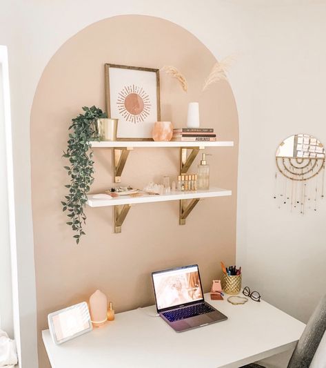 Minimal Boho Office, Boho Study Room Ideas, Boho Bedroom With Wallpaper Accent Wall, Home Decor Ideas Pastel, Onsite Office Decor, Minimalist Neutral Bathroom, Pink Boho Office Decor, Mediterranean Office Decor, Peach Color Room Ideas Bedrooms