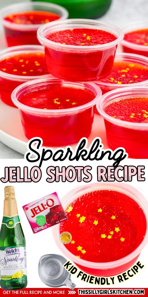 Jello shots, but kid-friendly? Yes, please! These sparkling jello shots from This Silly Girl's Kitchen are alcohol-free, but still just as fun as the boozy versions. These virgin jello shots are made with raspberry jello and sparkling grape juice for a delicious and fun treat the whole family can enjoy. Try them today! Jello Shots Non Alcoholic, Jello Shots Virgin, Alcohol Free Jello Shots, Sparkling Jello Shots, Virgin Jello Shots Recipe, Edible Glitter Jello Shots, Kid Jello Shots, Shots Non Alcoholic, Peanut Butter And Jelly Jello Shots