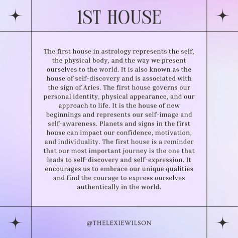 Your first house; is also where your rising sign is. So whatever your rising sign is - swipe 👉🏾 to find out what it all means. Next, we’ll talk about what the 2nd house means and what it means to have a particular sign over it. You have all the signs inside of your chart - so let’s say you hate a particular sign, well you have that sign in your chart too. And depending on what house it’s in will tell you what area of your life you’ll show up in that way. My first house had Capricorn over... 1st House Astrology, Houses Astrology, Astro Chart, Your Rising Sign, Libra Rising, My First House, Rising Sign, Chart Astrology, Astrology Gemini