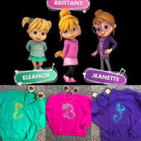 Chipettes, girl chipmunks Cartoon Trio Halloween Costumes, Chipettes Costume Ideas, Chippetes Trio Costume Ideas, Trio Twin Day, Elenore Chipmunks Costume, Trio Halloween Costumes Chipettes, Diy Chipettes Costumes, Jeannette Chipmunk Costume, Chippetes Trio Costume