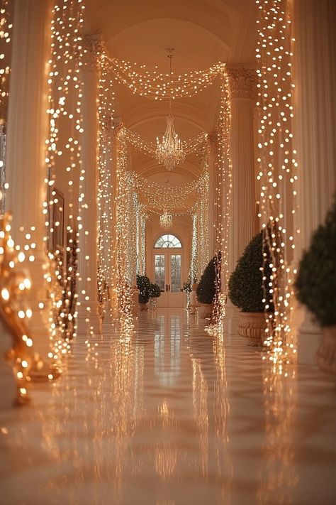 29 Christmas Party Decor Ideas For A Festive And Cozy Celebration - Learn California Christmas Party Ceiling Decorations, Christmas Light Show Ideas, Christmas Lights Decor Ideas Indoor, Christmas Ceiling Lights, Christmas Ballroom, Christmas Party Decor Ideas, Christmas Venue, Fancy Christmas Party, Christmas Banister