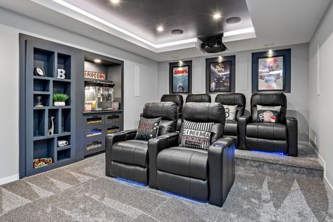 Home Theater With Fireplace, Concession Stand Ideas Home, Movie Theater Seating Basement, Basement Concession Stand, Movie Room Paint Colors Home Theaters, Basement Home Theater Paint Colors, Basement Theater, Small Home Theater Room Design, Basement Remodel Theater