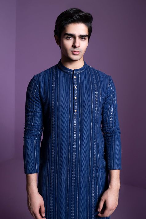 Buy Blue Georgette Embroidered Chikankari Embellished Kurta With Pant For Men by Contrast By Parth Online at Aza Fashions. Blue Chikankari Kurta, Stylish Boy Clothes, Embellished Buttons, Chikankari Embroidery, Marriage Dress, White Pant, Kurta For Men, Blue Kurta, Mens Kurta Designs