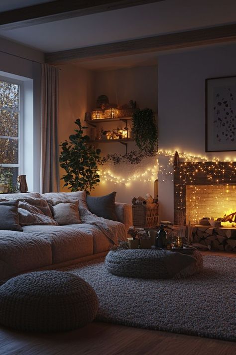 Embrace hygge decor for a warm, cozy living room filled with comfort. #HyggeDecor #CozyHome #LivingRoomStyle Hygge Basement, Hygge Home Aesthetic, Hygge Decor Living Rooms, Hygge Dinner, Hygge Lights, Hygge Aesthetic Home, Hygge Decor Inspiration, Hygge Room, Hygge Interior Design