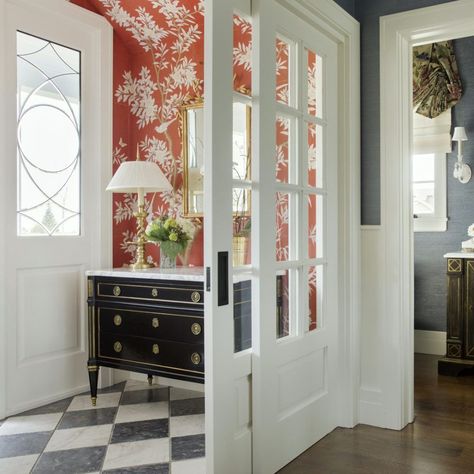 No Foyer Entry – We Walk Straight Into The Living Room Gracie Wallpaper, Sliding French Doors, French Country Living Room, Interior Design Consultation, Foyer Decorating, Interior Windows, Entry Ways, Foyer Design, Country Living Room