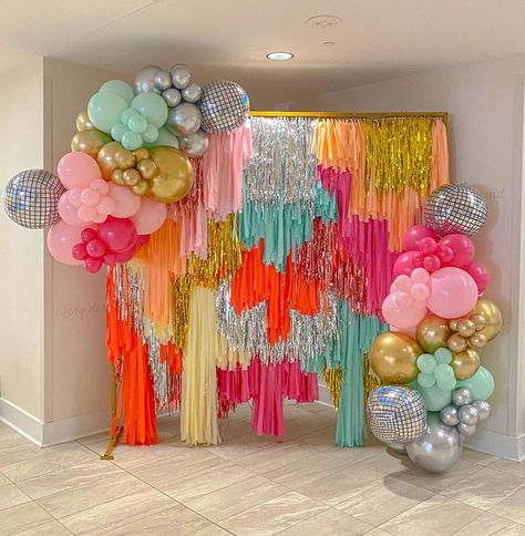 Cute Party Backdrop, Snacks At Birthday Party, Rainbow Wig Bachelorette Party, Groovy Window Display, Funky Party Decorations, Gen Z Party Aesthetic, Event Backdrop Ideas Photo Booths, Pink Dance Party Aesthetic, Streamer Backdrop With Balloons